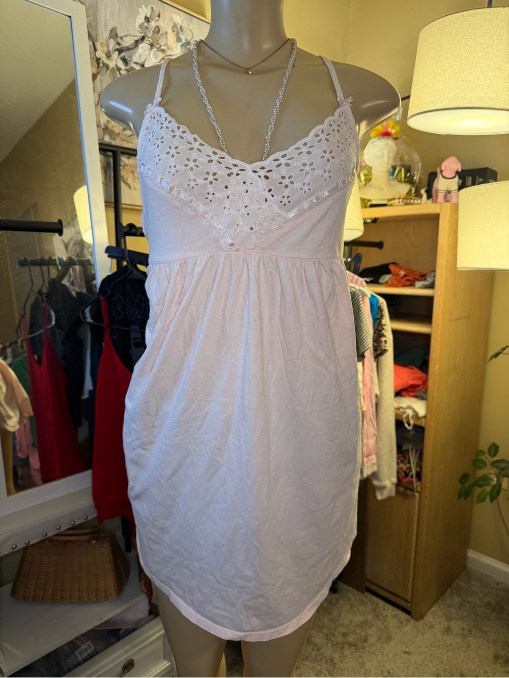 Women's Vintage Victoria's Secret Pink Babydoll Slip Drepink lace trim nightgown